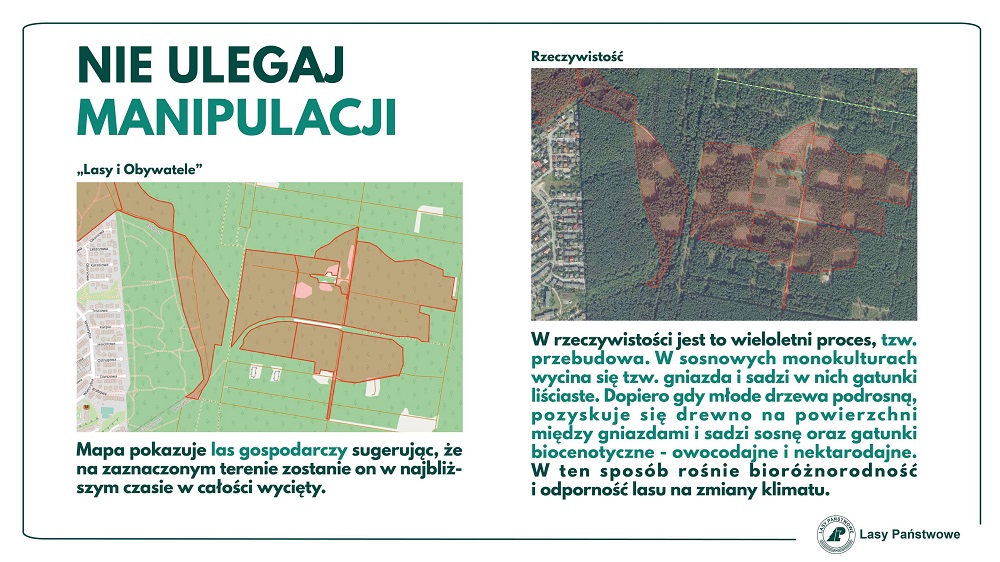Porównanie mapy Lasy i Obywatele i rzeczywistej skali wycinek. Źródło DGLP.