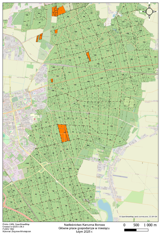 Mapa z zaznaczonymi wydzieleniami, gdzie prowadzone będą zadania gospodarcze w lutym