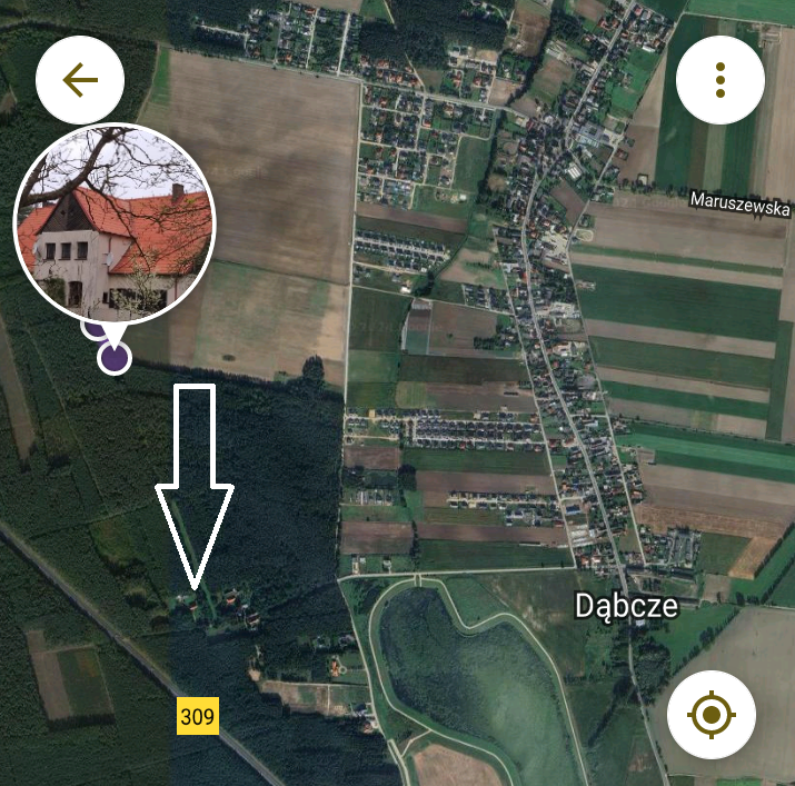Zrzut mapy google z zaznaczonym budynkiem byłego nadleśnictwa Dąbcze