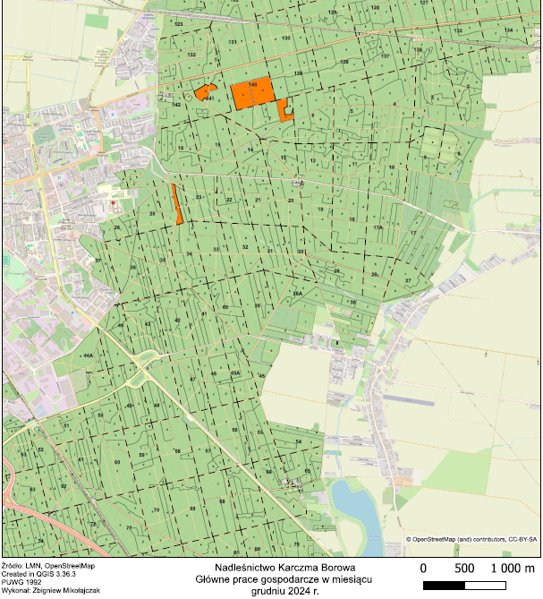 Mapa z zaznaczonym obszarem prac gospodarczych w sąsiedztwie miasta Leszno