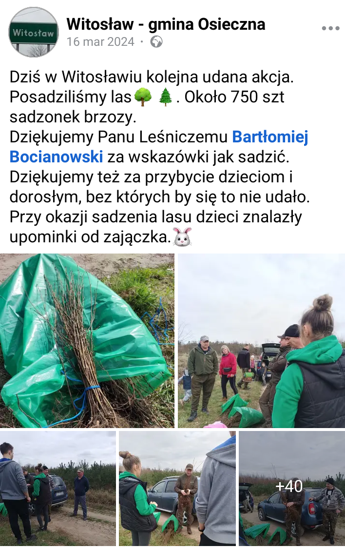 Zrzut ekranu z portalu facebook Witosław - gmina Osieczna - akcja sadzenia lasu