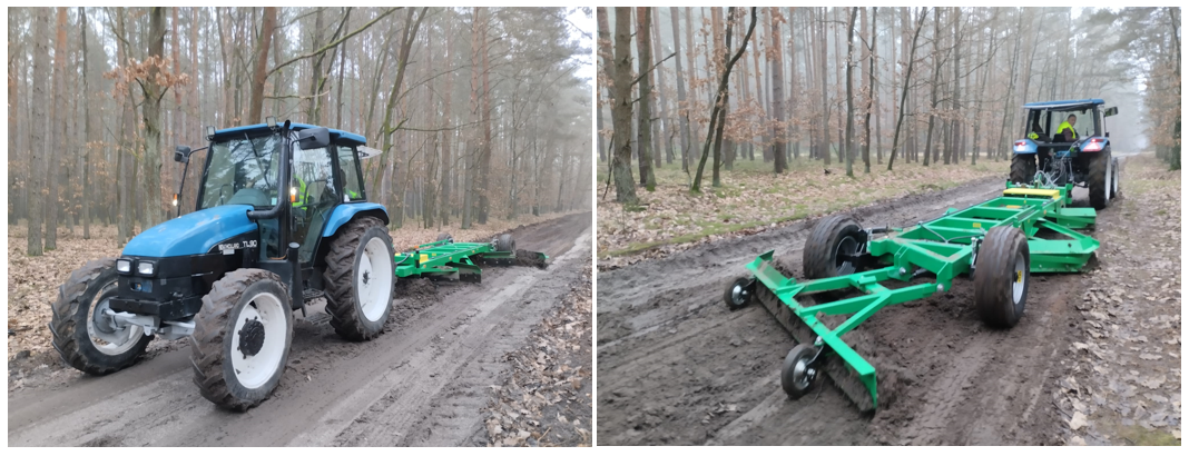 Kolaż zdjęć przedstawiajacy ciagnik z podczepioną równiarka do dróg (fot. T.Girtler)